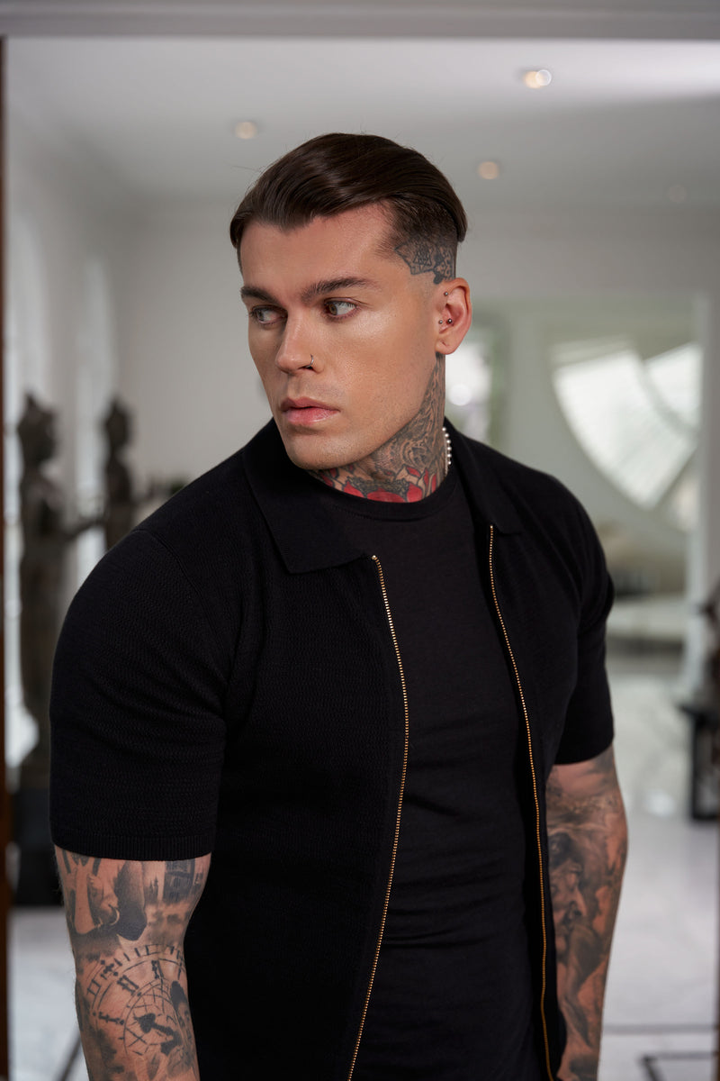Vater Söhne Klassisches Strickmuster mit Strukturdesign und durchgehendem Reißverschluss, schwarze Kurzarm - FSN151