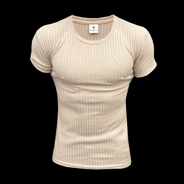Father Sons Classic Beige / Gold Ribbed Knit Super Slim Short Sleeve Crew - FSH1088