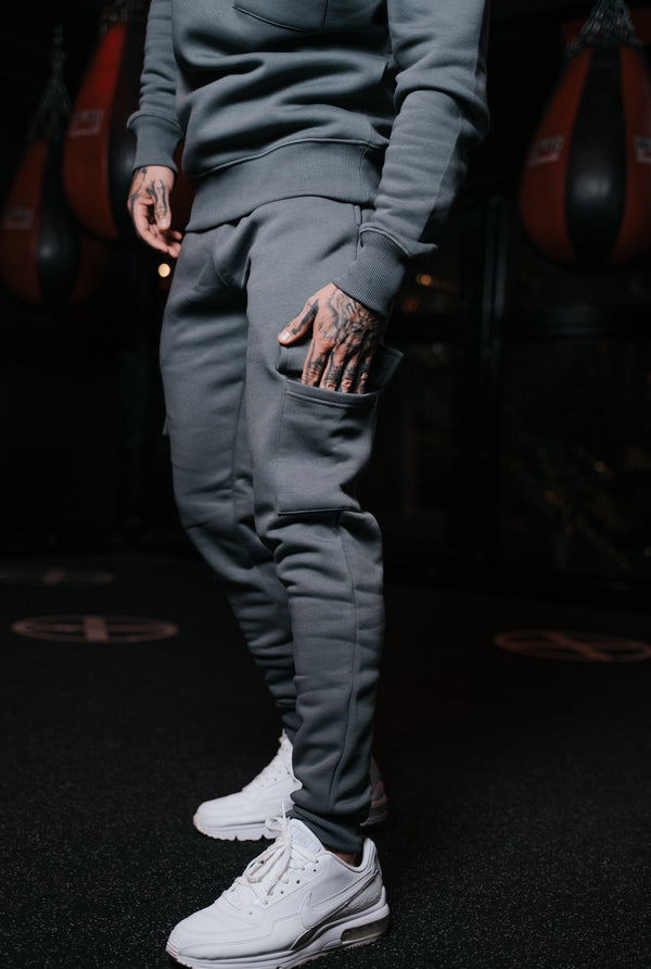 Father Sons Dark Grey Cargo Tracksuit Bottoms With Pockets, Cuffed Hem and FS Embroidery - FSH938