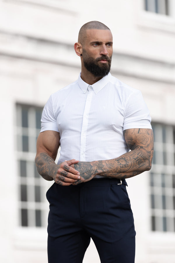 Father Sons Super Slim Stretch White Self Woven Stripe Short Sleeve with Button Down Collar - FS988