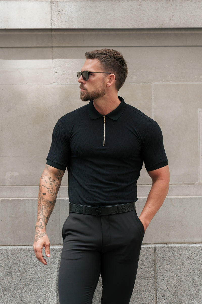 Father Sons Classic Jacquard Black Chevron Zipped Polo - FSR019