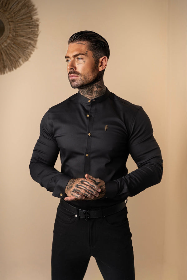 Father Sons Super Slim Stretch Black Denim Langarm-Opa-Kragen mit Metallknöpfen und Aufkleber-Emblem – FS707