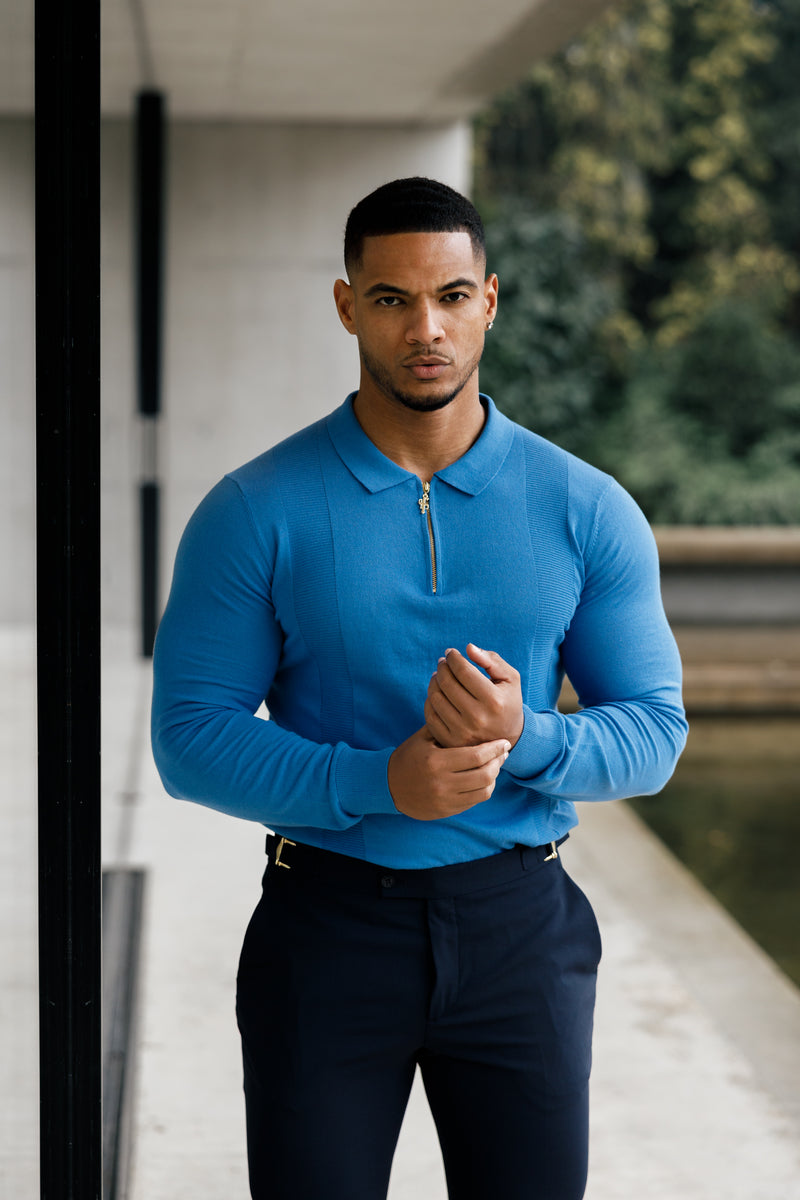 Father Sons klassisches gestricktes Poloshirt mit Reißverschluss in Mittelblau und Gold, langärmlig – FSN129