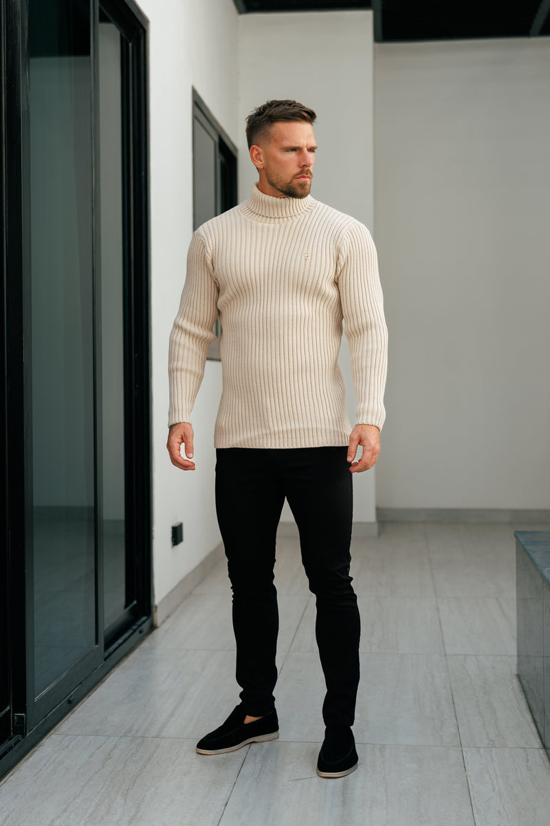 Beigefarbener Rollkragenpullover aus Rippstrick für Vater und Sohn – FSJ112 (VORBESTELLUNG 12. NOVEMBER)