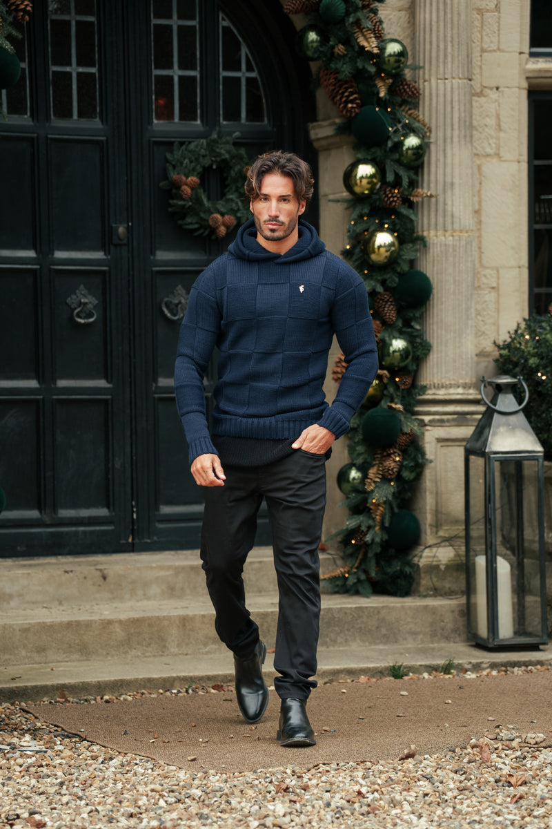 Strickhoodie mit marineblauem Schachbrettmuster für Väter und Söhne - FSJ138 (VORBESTELLUNG AM 11. DEZEMBER)