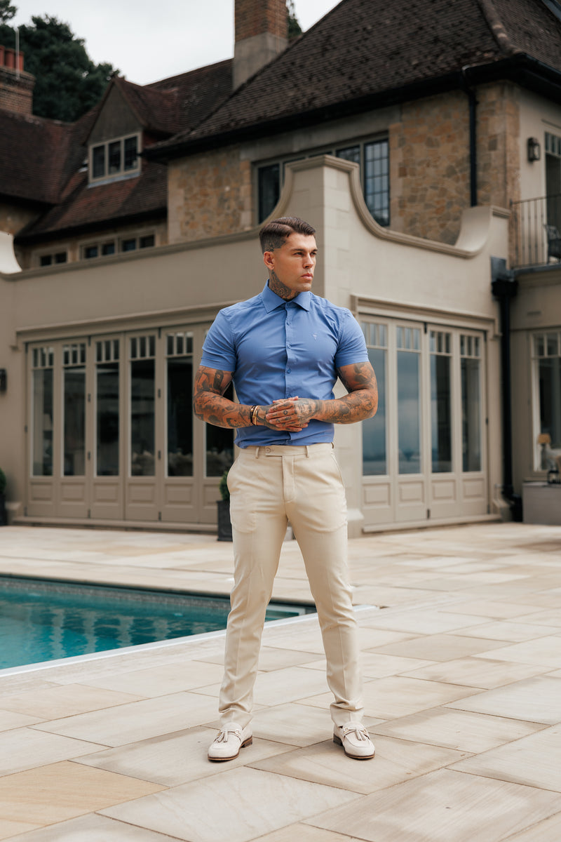 Vater-Söhne-Muscle-Fit-Shirt mit fortschrittlichem Stretch, mittelblau, kurzärmlig, mit Cutaway-Kragen – FS1203