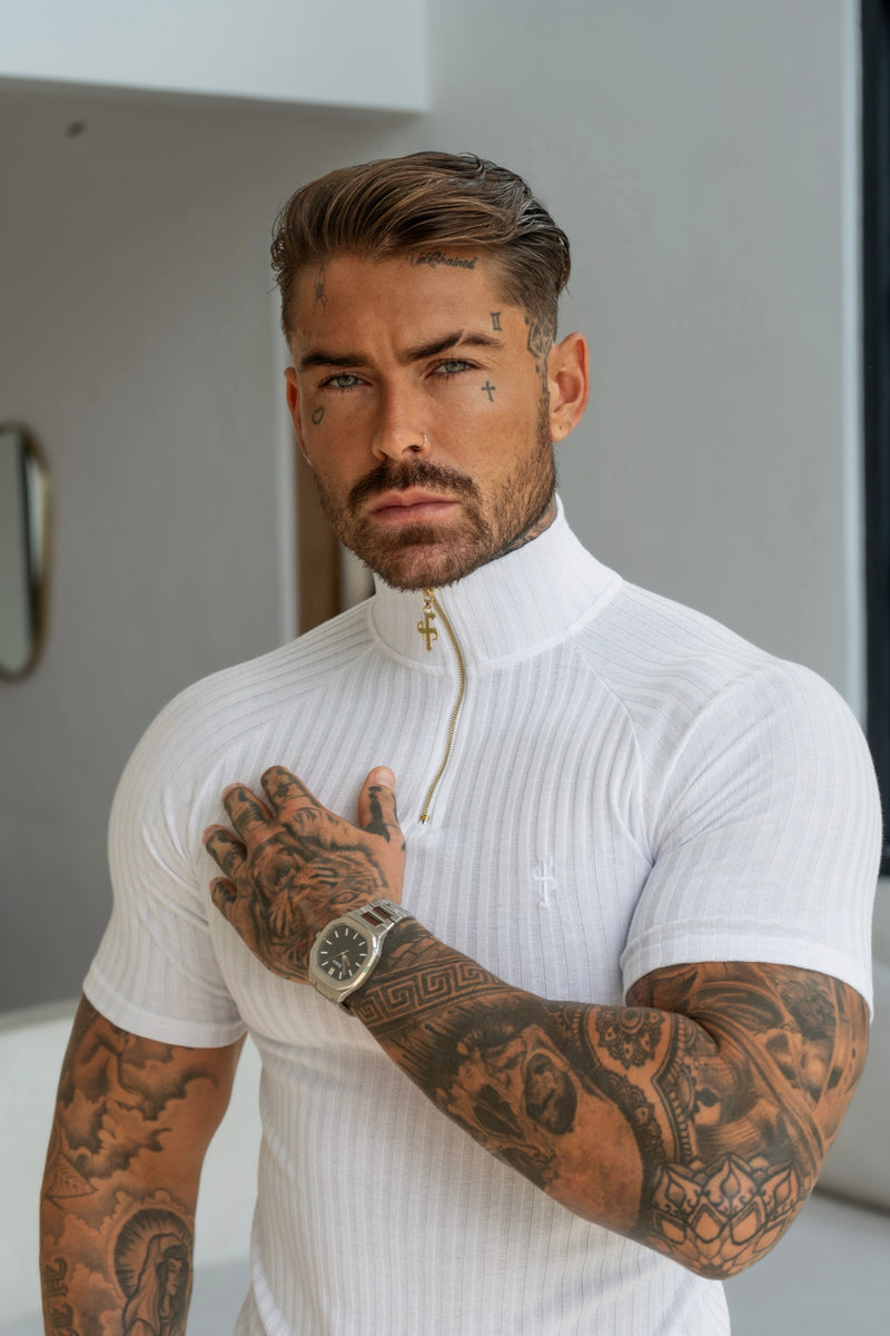 Father Sons Klassisches weiß/goldenes geripptes Rundhals-Sweatshirt mit Reißverschluss und Stehkragen, Raglanärmeln, Rundhalsausschnitt – FSH1266