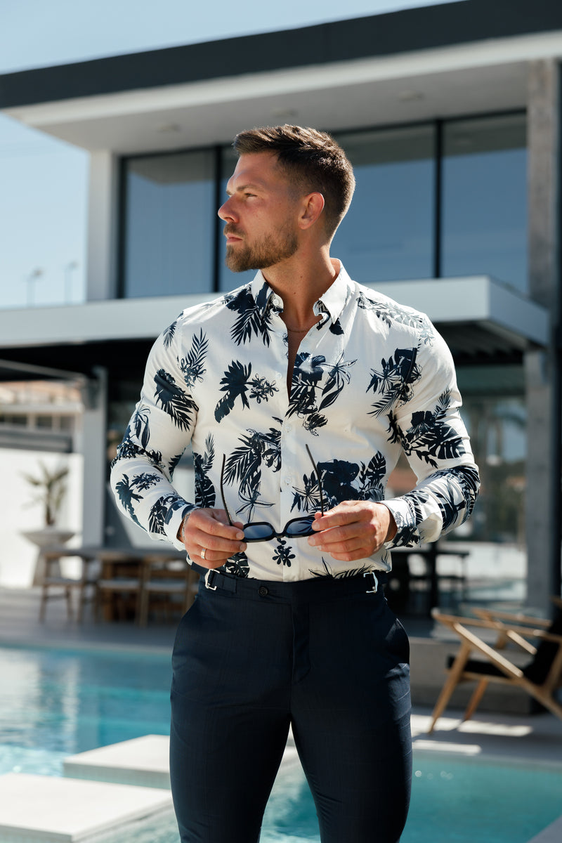 Classic Stretch LS Button-Down-Kragen mit weißem/tintenfarbenem Aufdruck – FS1100 