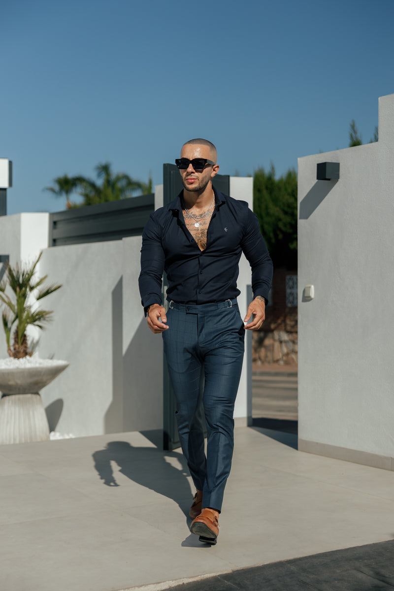 Vater Söhne Super Slim Stretch Navy Side Panel Shirt LS - FS1090