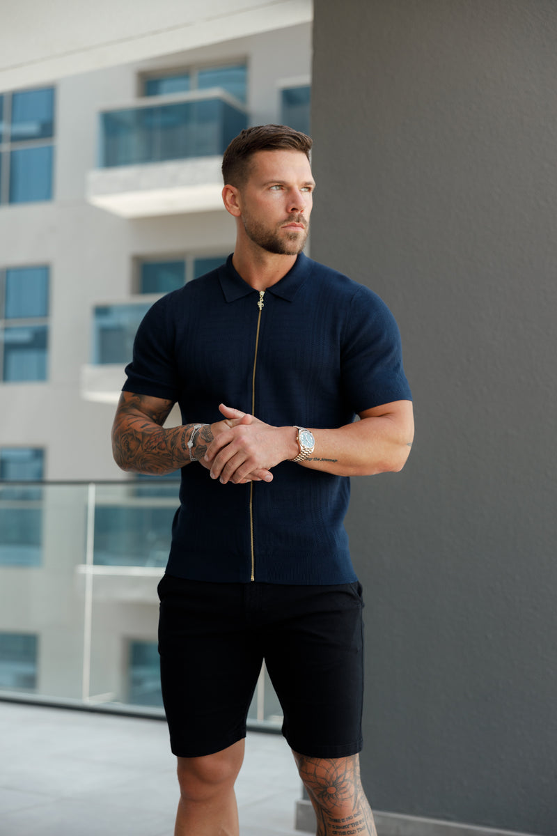 Father Sons Classic Knitted Geo Design With Full Length Zip Navy Short Sleeve - FSN149