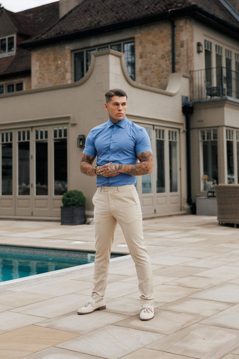 Vater-Söhne-Muscle-Fit-Shirt mit fortschrittlichem Stretch, mittelblau, kurzärmlig, mit Cutaway-Kragen – FS1203