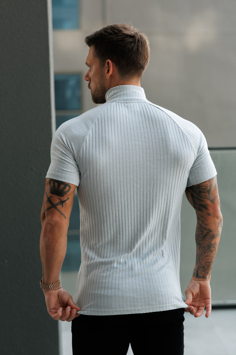 Father Sons Klassisches hellgraues geripptes Raglan-Shirt mit Reißverschluss und Stehkragen, kurzärmligem Rundhalsausschnitt – FSH1287