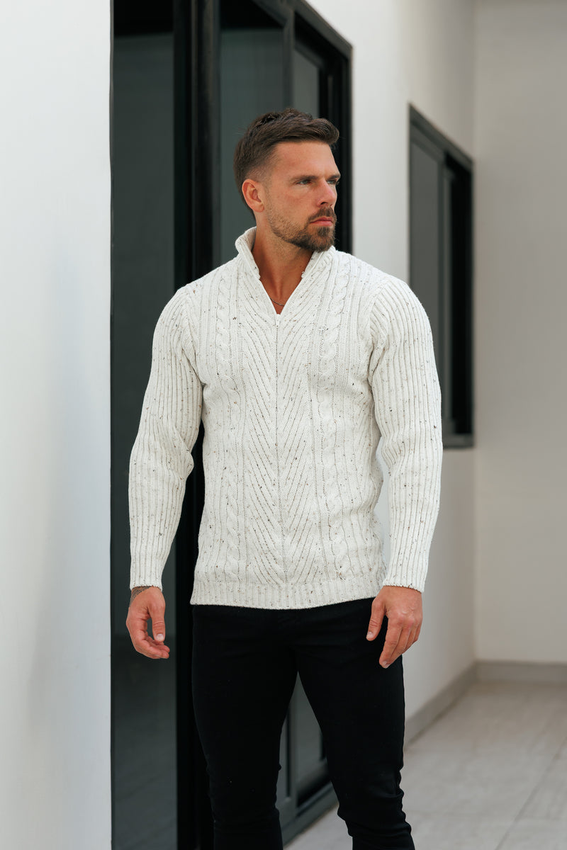 FS Funnel Neck Jumper with Quarter Zip Beige Fleck - FSJ156  (PRE ORDER 29TH DECEMBER)