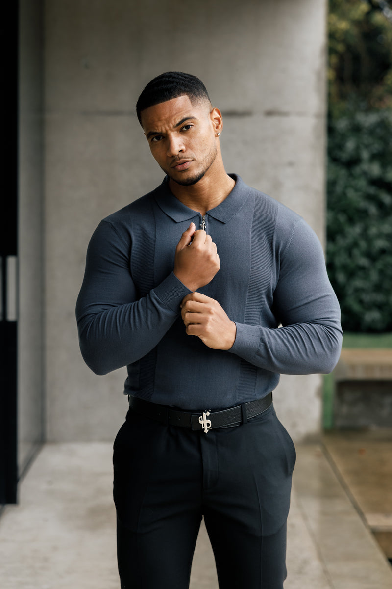 Father Sons klassisches gestricktes Poloshirt mit Reißverschluss in Gunmetal und Silber, langärmlig – FSN128