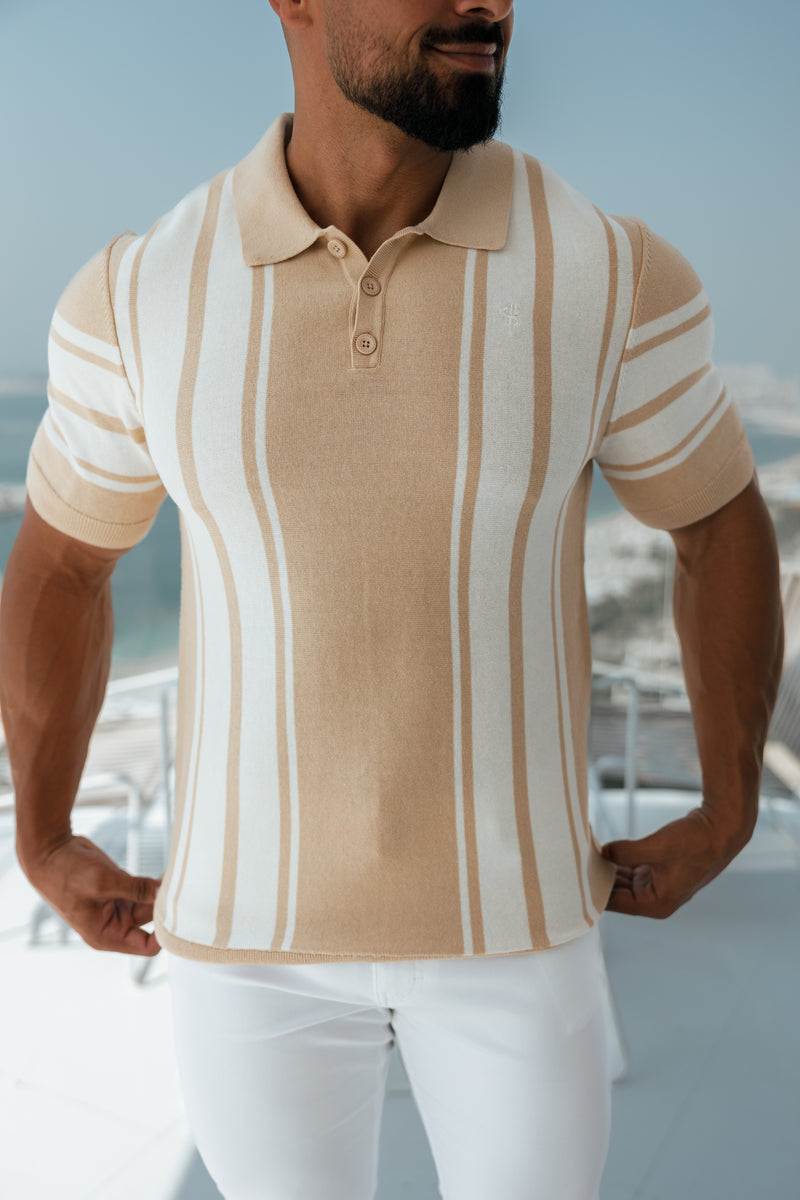 Father Sons Classic Beige/Off White Gestricktes Poloshirt mit vertikalen Streifen, kurzärmlig – FSN107