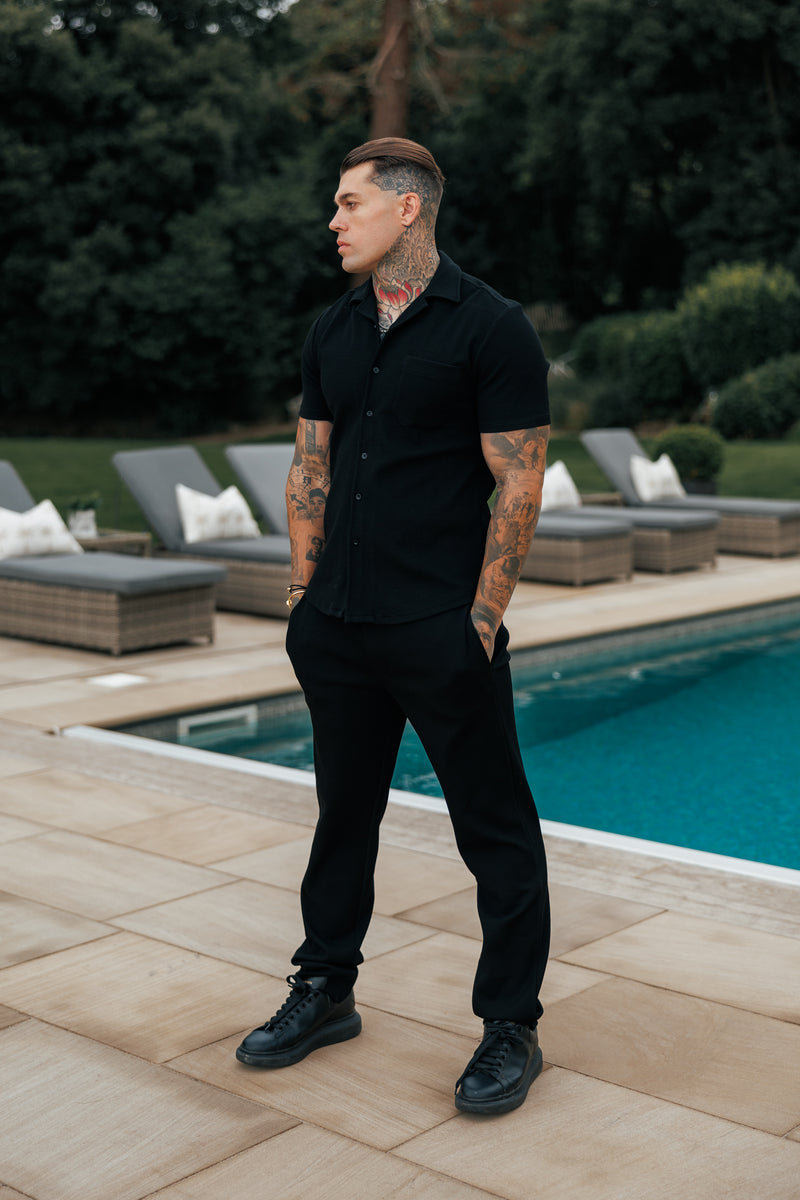 Vater-Söhne-Jersey-Cord-Stretch-Hemd mit Revers, kurzärmelig, Schwarz – FSR018