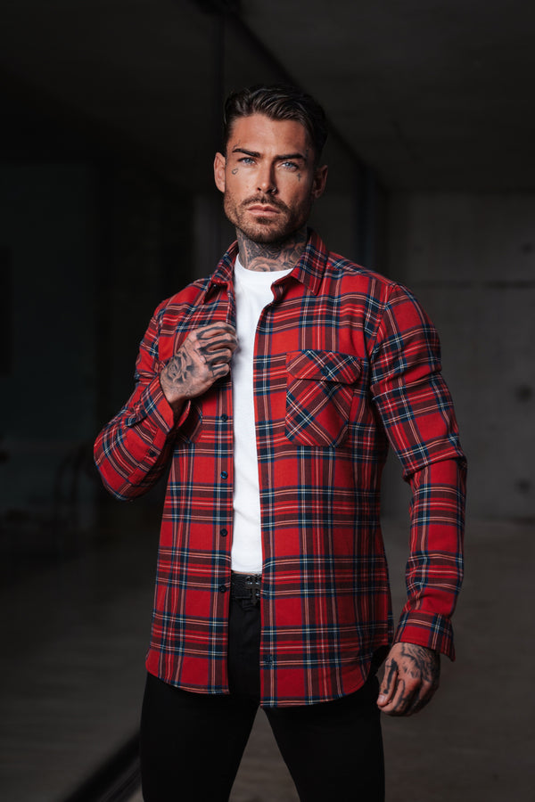 Vater Söhne Rot Tartan Check Shacket mit Doppeltaschen - FS1036