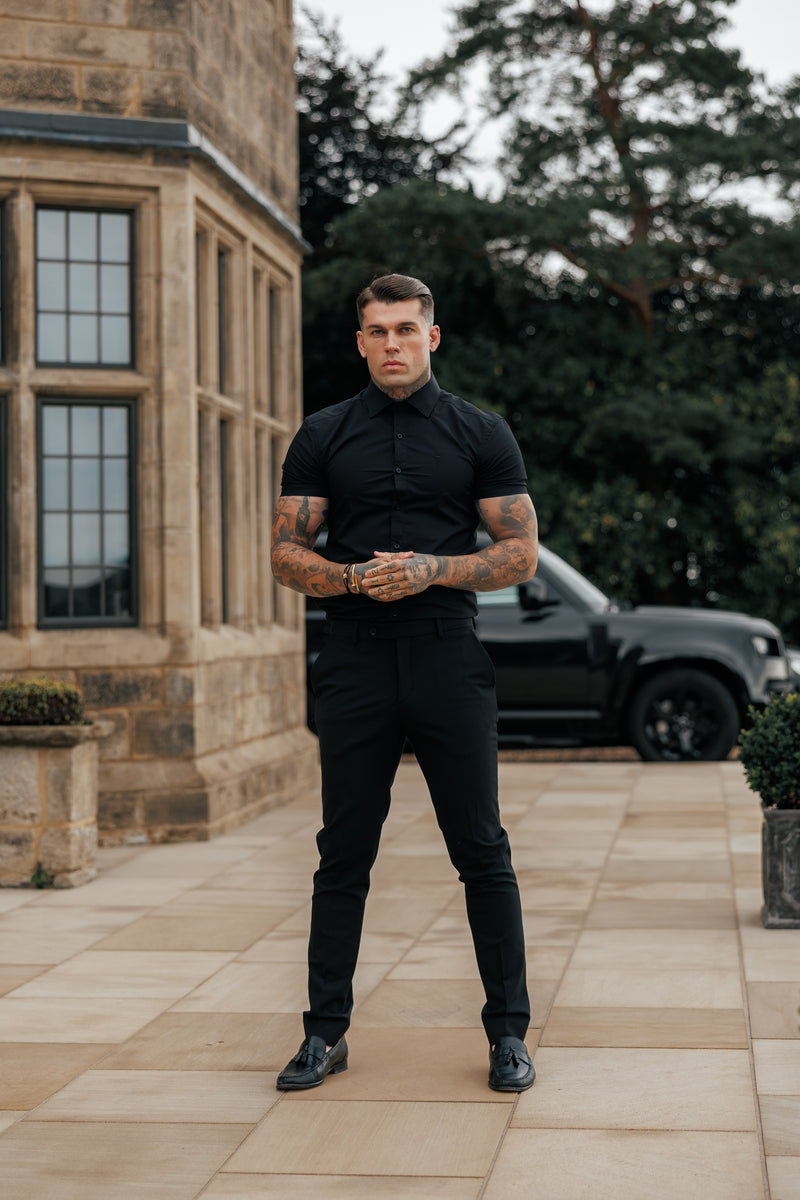 Vater-Sohn-Shirt, superschlank, Stretch, schwarz, kurzärmlig, mit Cutaway-Kragen – FS1159