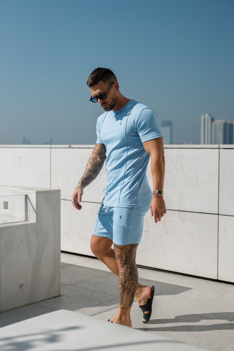 Hellblaues/silbernes Rundhals-T-Shirt mit Biesendetail für Vater und Sohn – FSH1051