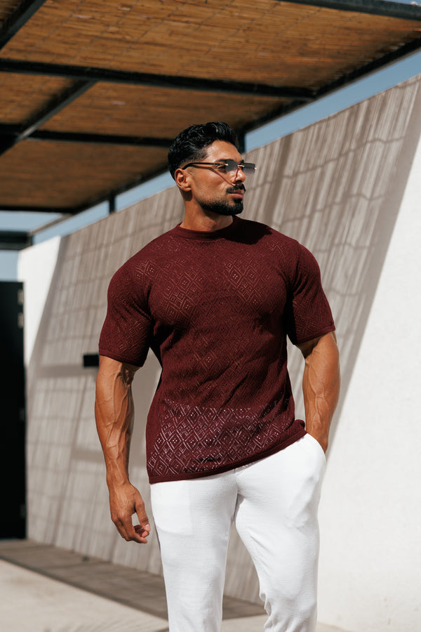 Father Sons Crochet Crew T-Shirt Burgundy Short Sleeve - FSJ089