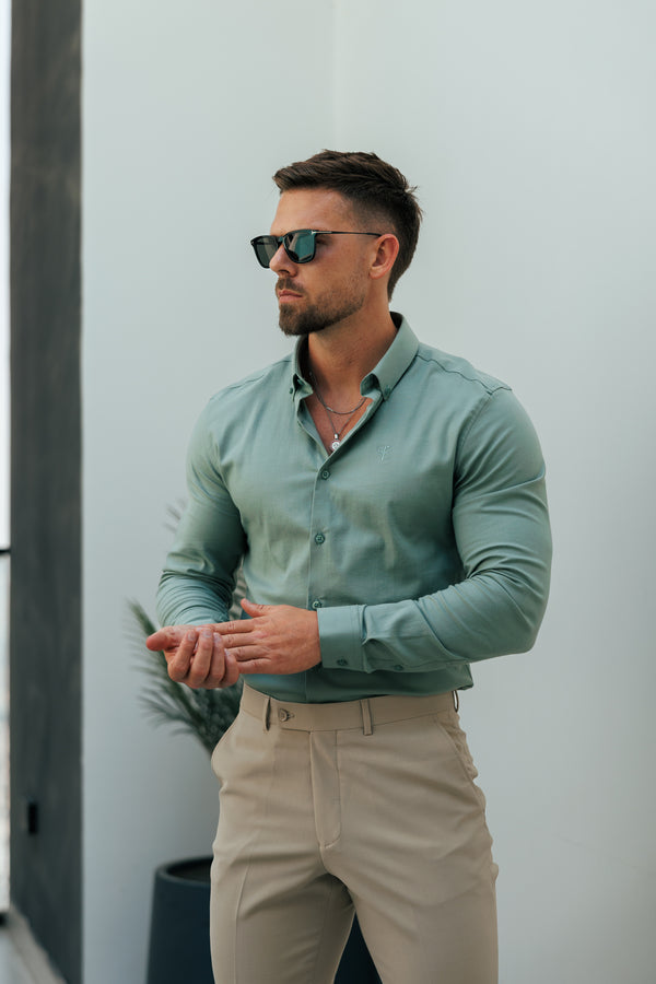 Vater-Söhne-Oxford-Langarmhemd, klassisches Stretch-Rauchgrün mit Button-Down-Kragen – FS1217