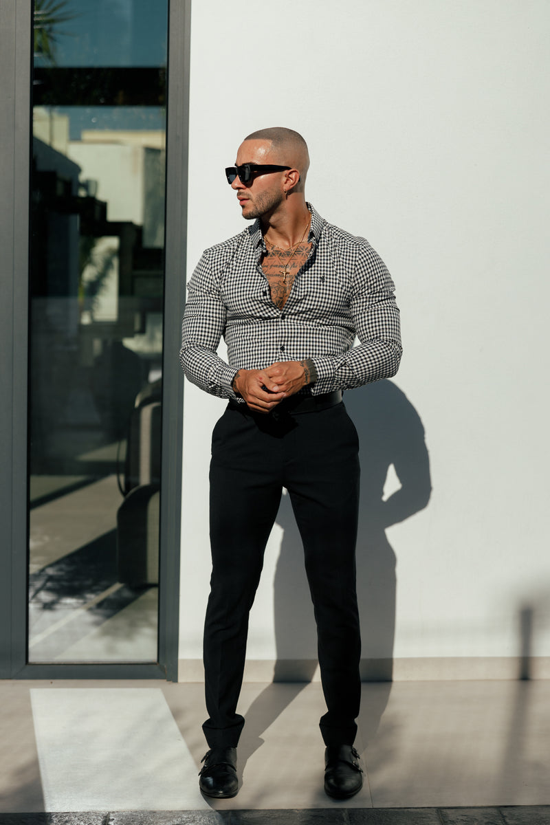 FS Super Slim Stretch Weiß / Schwarz Karo Langarm mit Knopfleiste - FS1069
