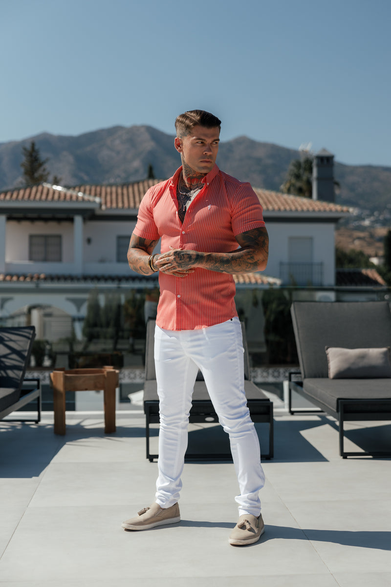 Father Sons Super Slim Stretch Coral Printed Pinstripe Short Sleeve with Button Down Collar - FS1062