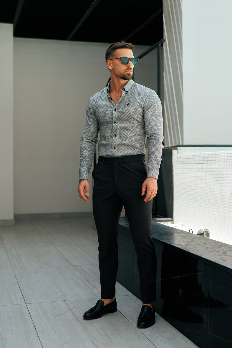 Vater-Söhne-Shirt, superschlank, dehnbar, schwarz/weiß, langärmlig, mit Rautenmuster und Button-Down-Kragen – FS1226