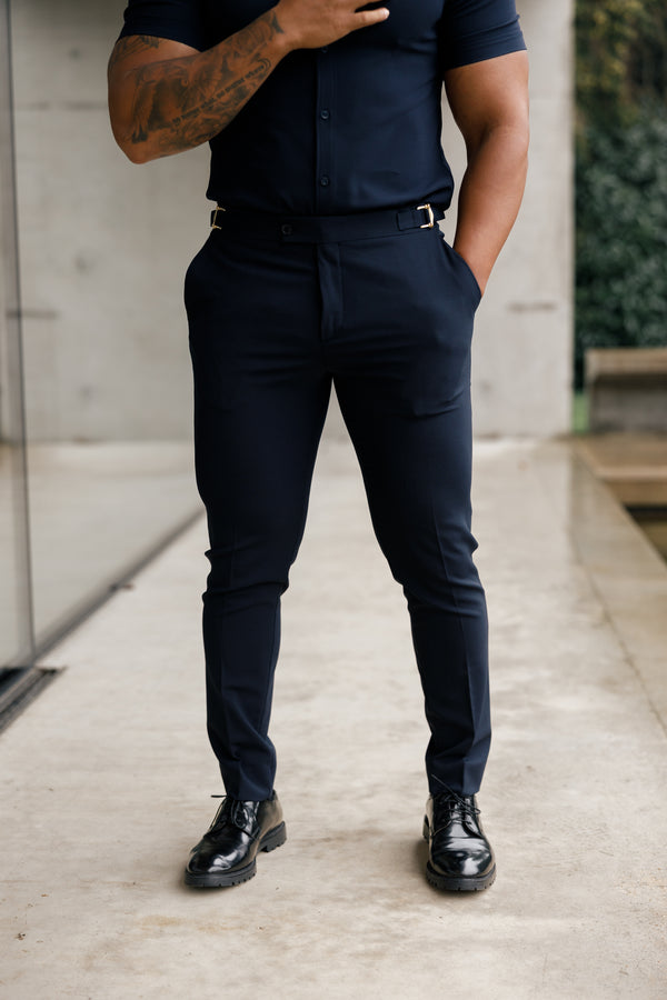 Father Sons Slim Formal Navy Stretch Trousers With Gold Waist Adjusters - FST016