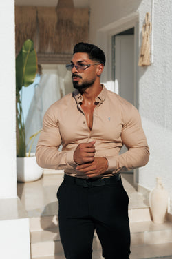 Father Sons Super Slim Stretch Taupe Denim Langarm mit Button-Down-Kragen - FS1130 [Gold Emblem]