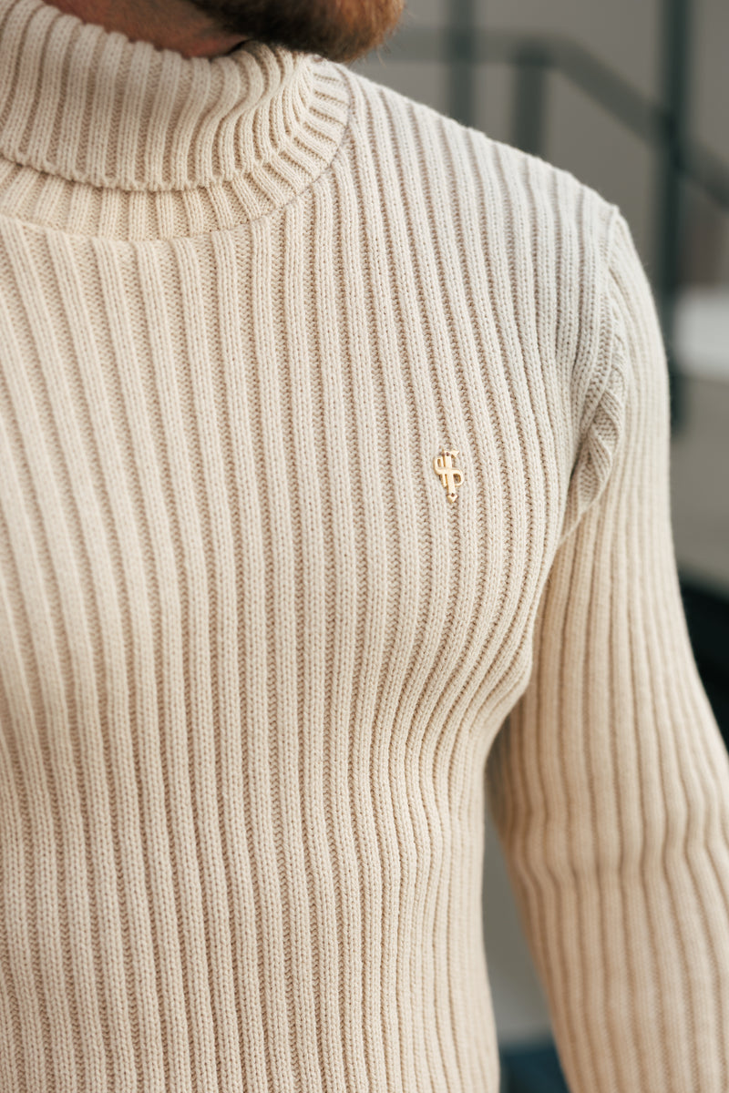 Beigefarbener Rollkragenpullover aus Rippstrick für Vater und Sohn – FSJ112 (VORBESTELLUNG 12. NOVEMBER)