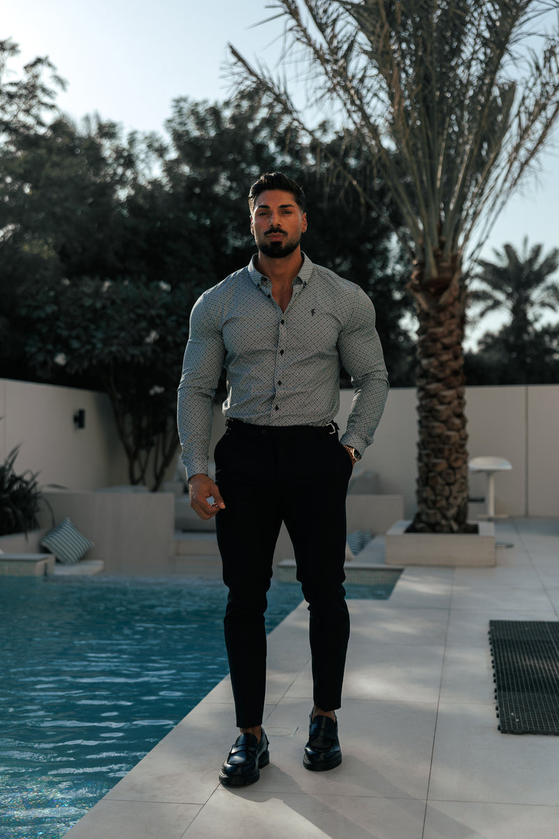 Vater-Söhne-Shirt, superschlank, dehnbar, schwarz/weiß, langärmlig, mit Rautenmuster und Button-Down-Kragen – FS1226