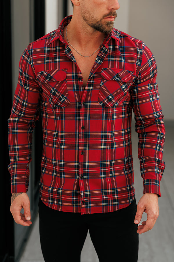 Vater Söhne Rot Tartan Check Shacket mit Doppeltaschen - FS1036