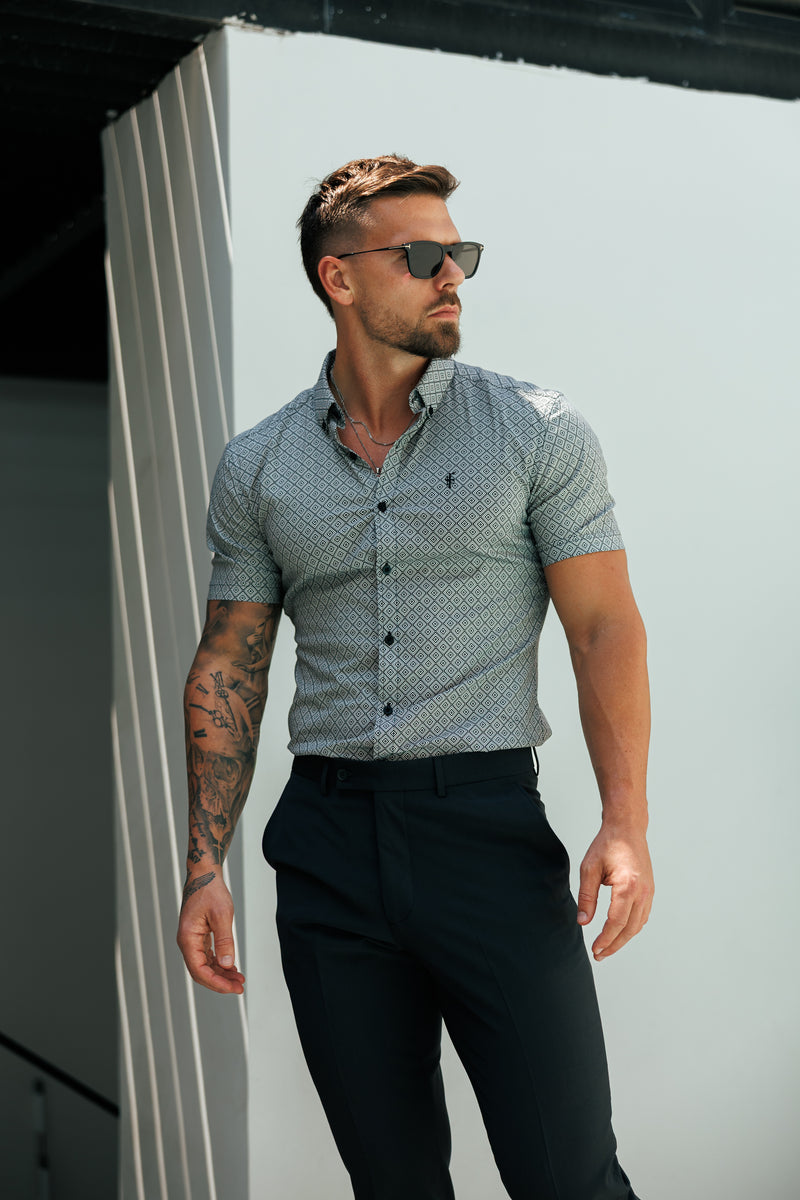 Vater-Söhne-Shirt, superschlank, dehnbar, schwarz/weiß, mit Rautenmuster, kurzärmlig, Button-Down-Kragen – FS1229