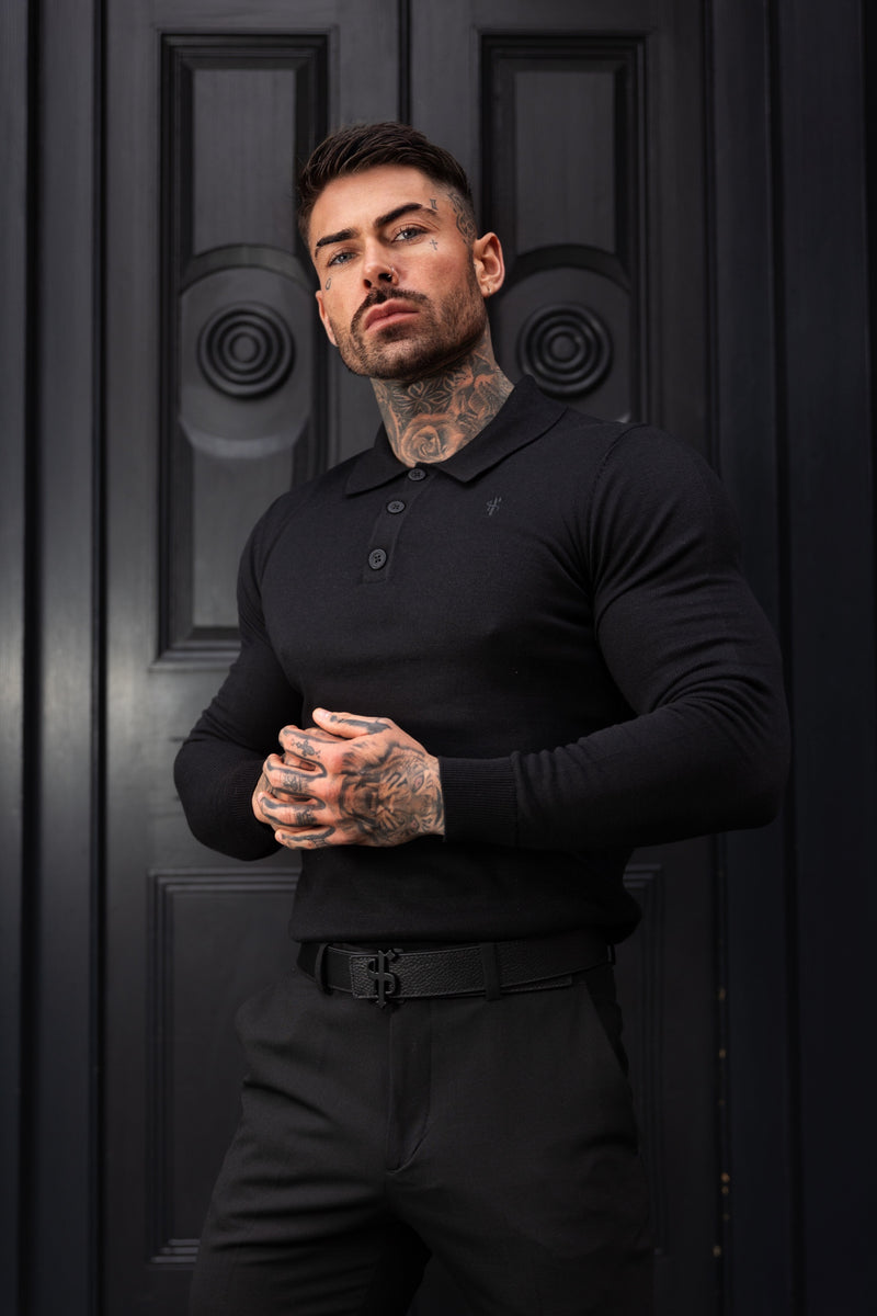 Father Sons Classic Black Knitted Polo Jumper Long Sleeve With Tonal FS Embroidery- FSN139