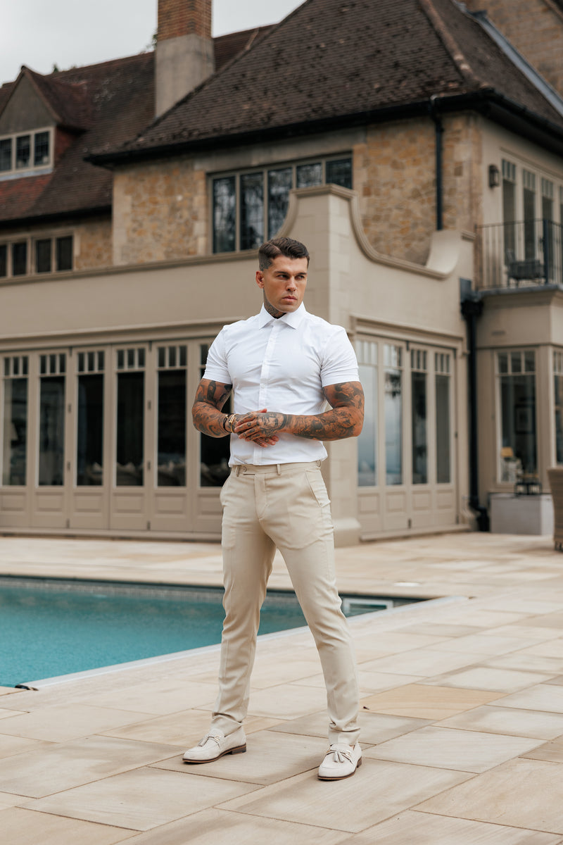 Vater-Söhne-Shirt, superschlank, dehnbar, klassisch, weiß, kurzärmlig, mit Cutaway-Kragen – FS1184