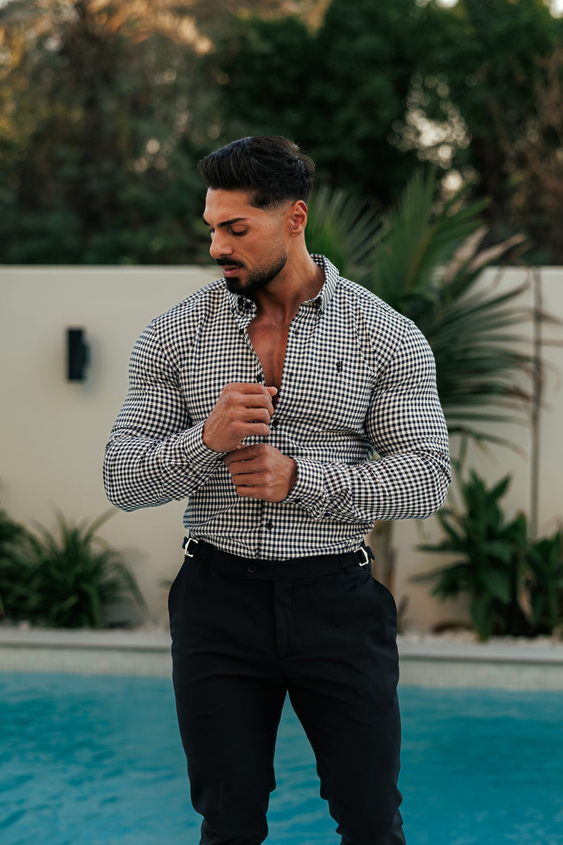 FS Super Slim Stretch Weiß / Schwarz Karo Langarm mit Knopfleiste - FS1069