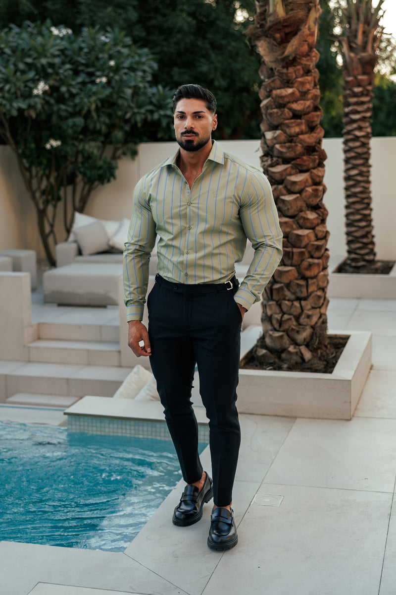 Father Sons Classic Green / Blue Stripe Long Sleeve with Cutaway Collar - FS1179