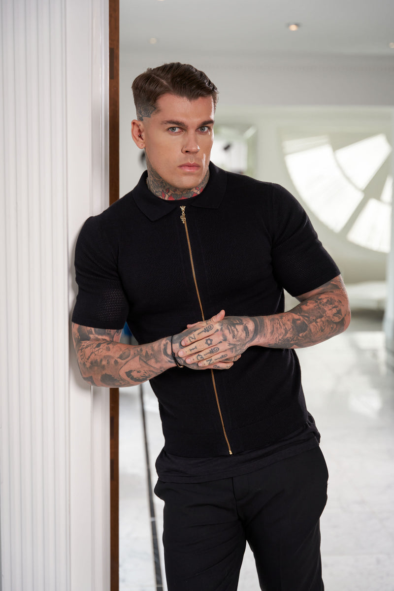 Father Sons Classic Knitted Textured Design With Full Length Zip Black Short Sleeve - FSN151
