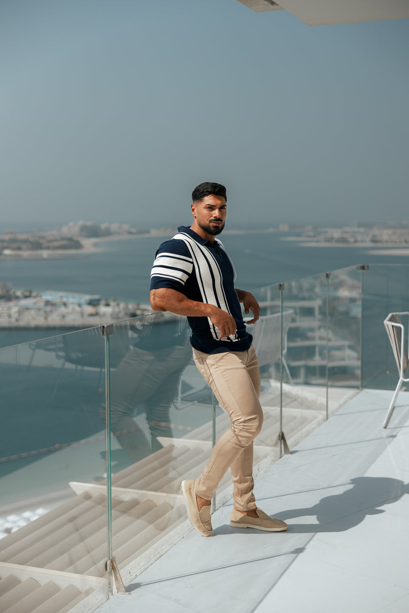 Father Sons Classic Navy/Off White Gestricktes Poloshirt mit vertikalen Streifen, kurzärmlig – FSN105