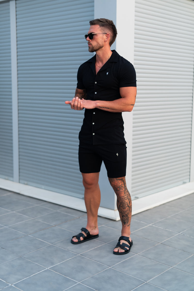 Father Sons Stretch Black / Silver Pique Revere Shirt Short Sleeve - FSH1355 (PRE ORDER 10TH AUGUST)