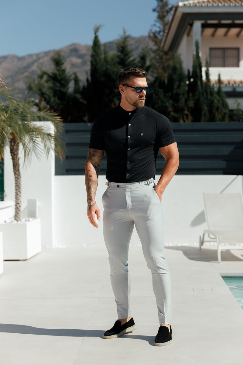 FS Slim Bamboo Raglan Grandad Collar Black Short Sleeve - FSH1165