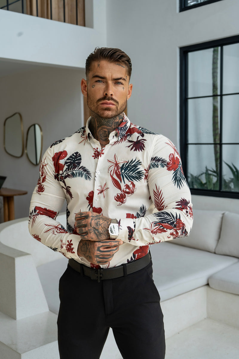 Klassisches Stretch-LS Weiß/Rost Floral Print Button Down Kragen - FS1155