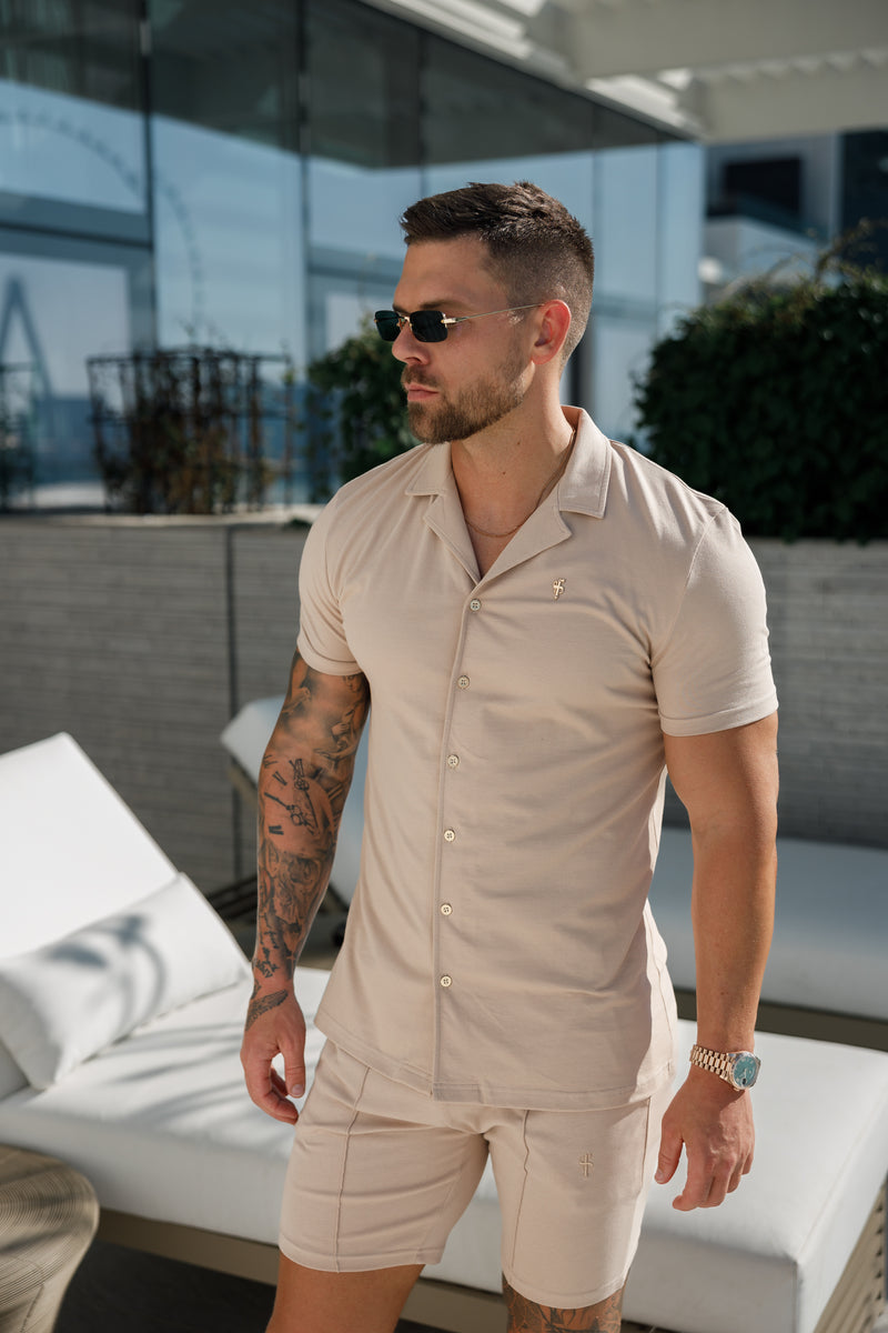 Father Sons Stretch Beige / Gold Pique Revere Shirt Short Sleeve - FSH1075  (PRE ORDER 30TH MAY)