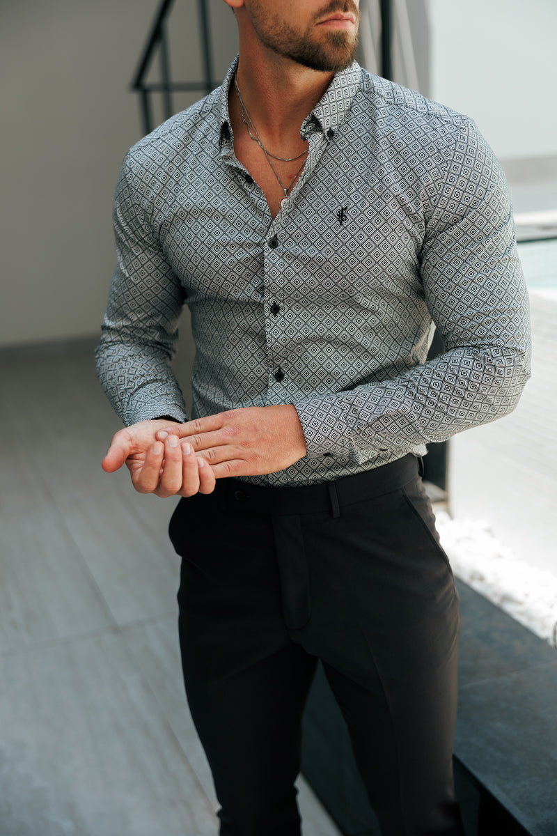 Vater-Söhne-Shirt, superschlank, dehnbar, schwarz/weiß, langärmlig, mit Rautenmuster und Button-Down-Kragen – FS1226