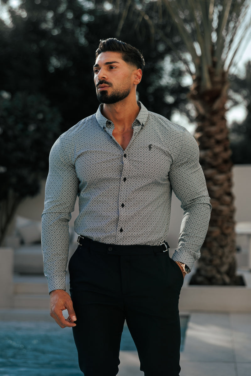 Vater-Söhne-Shirt, superschlank, dehnbar, schwarz/weiß, langärmlig, mit Rautenmuster und Button-Down-Kragen – FS1226