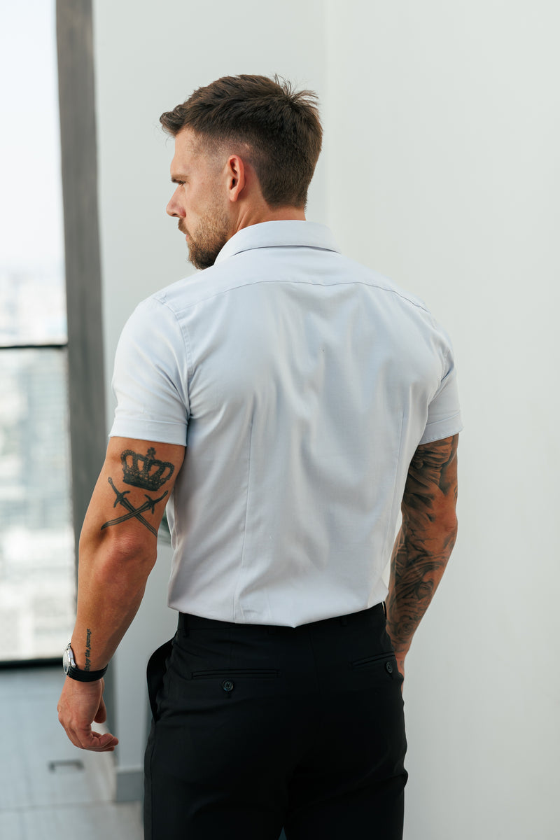 Vater-Söhne-Oxford-Hemd, klassisch, Stretch, kurzärmelig, Hellgrau, mit Button-Down-Kragen – FS1214