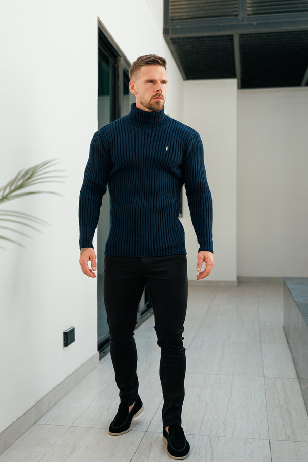 Marineblauer Rollkragenpullover aus Rippstrick für Vater und Sohn – FSJ115 (VORBESTELLUNG 12. NOVEMBER)