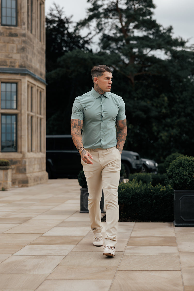 Vater-Söhne-Muscle-Fit-Shirt mit Advanced-Stretch, Khaki, kurzärmlig, mit Cutaway-Kragen – FS1204