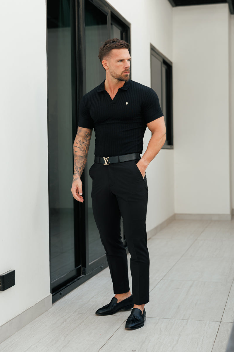 Klassisches schwarzes/goldenes geripptes Kurzarm-T-Shirt von Father &amp; Sons mit Revers-Verschluss - FSH1411 (VORBESTELLUNG 18. DEZEMBER)